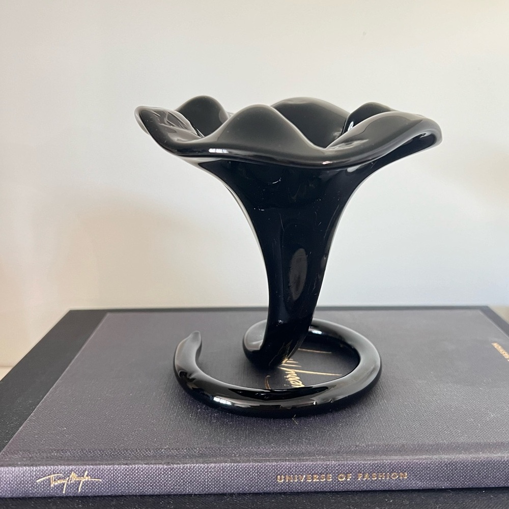 Vintage Onyx Black Art Glass Flower Vase / candle holder